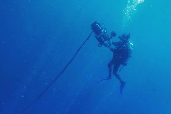 A member of our professional underwater cinematographers films in the ocean.